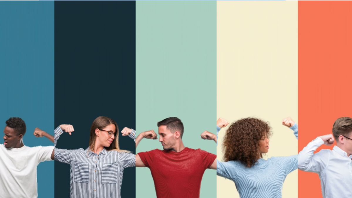 Fünf Männer und Frauen zeigen ihre Muskeln vor bunten Hintergrund